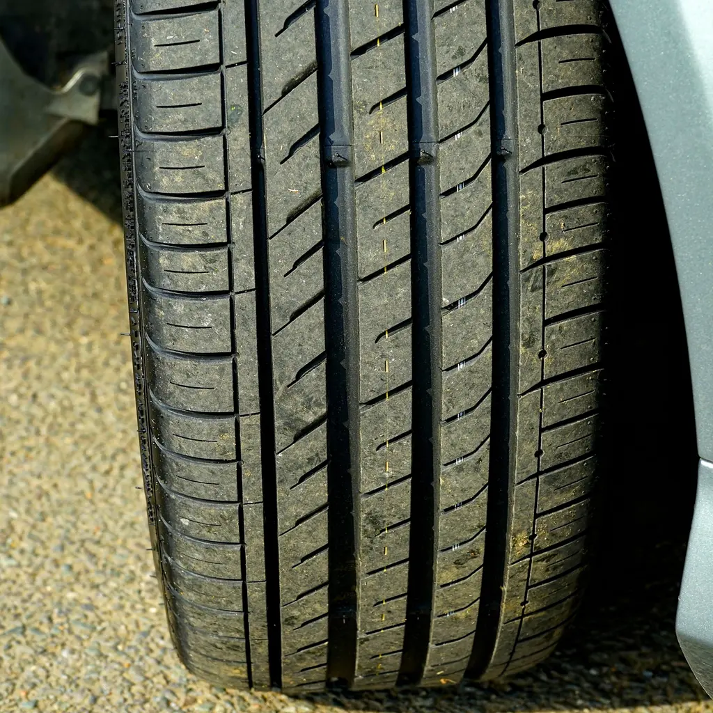 Close-up of the tread and grooves of a black vehicle tire.