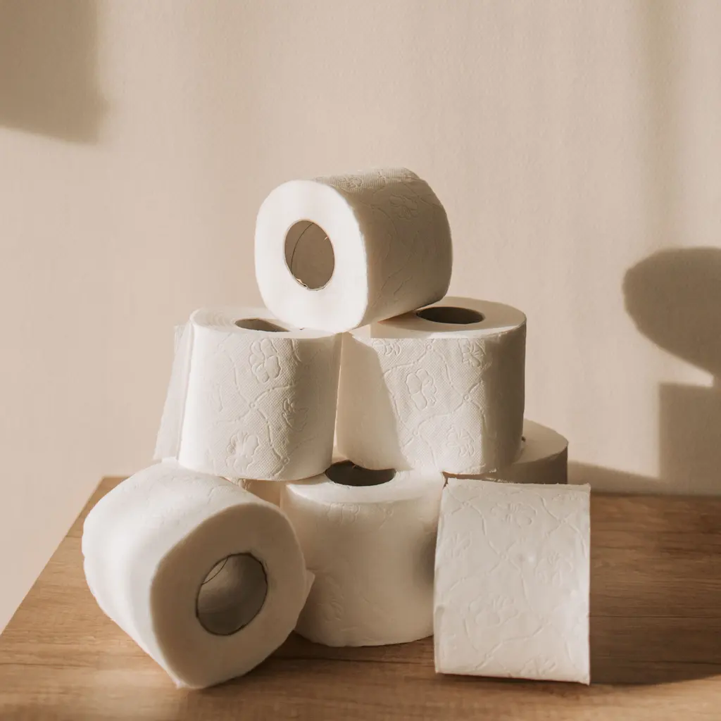White toilet-paper rolls stacked with their cardboard cores visible.
