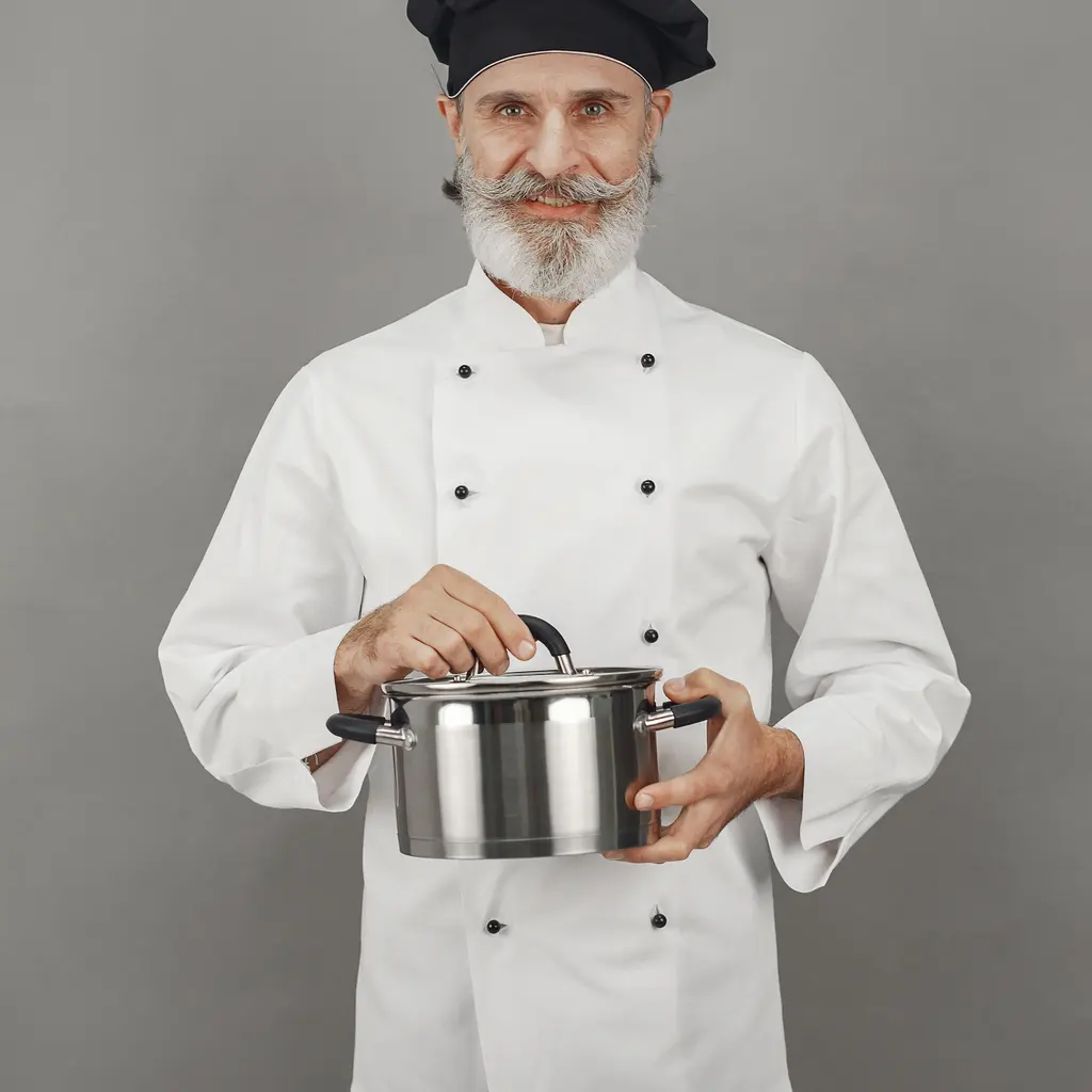 A chef’s white double-breasted jacket with black buttons.