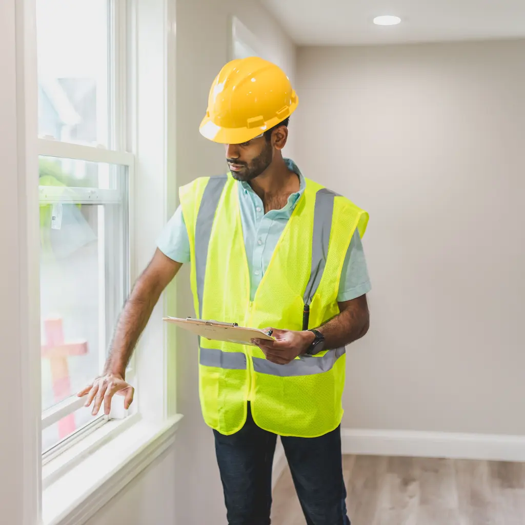 A property professional checking a window frame while holding a clipboard inside an unfinished room.