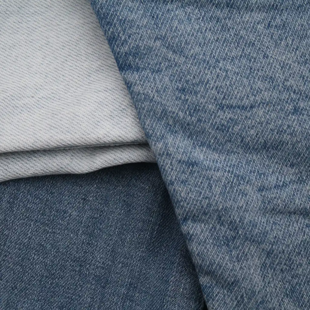 Folded blue denim fabric showing twill weave and its pale reverse side.