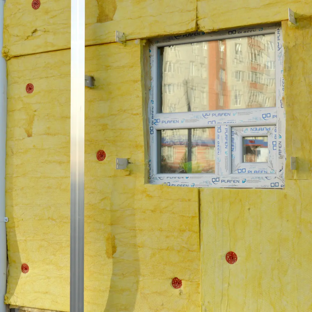 Exterior mineral-wool insulation boards and fixing discs around a window before façade finishing.
