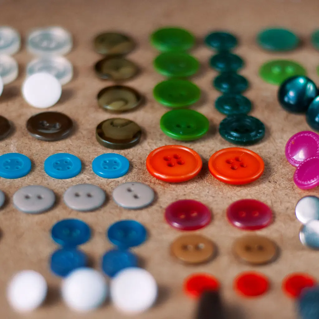 Assorted colorful two-hole and four-hole sewing buttons arranged on a textured surface.
