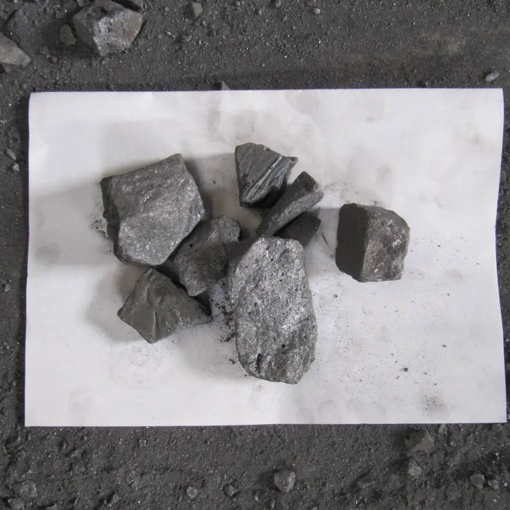 Pieces of ferrosilicon alloy arranged on a white sheet, showing their metallic fractured surfaces.