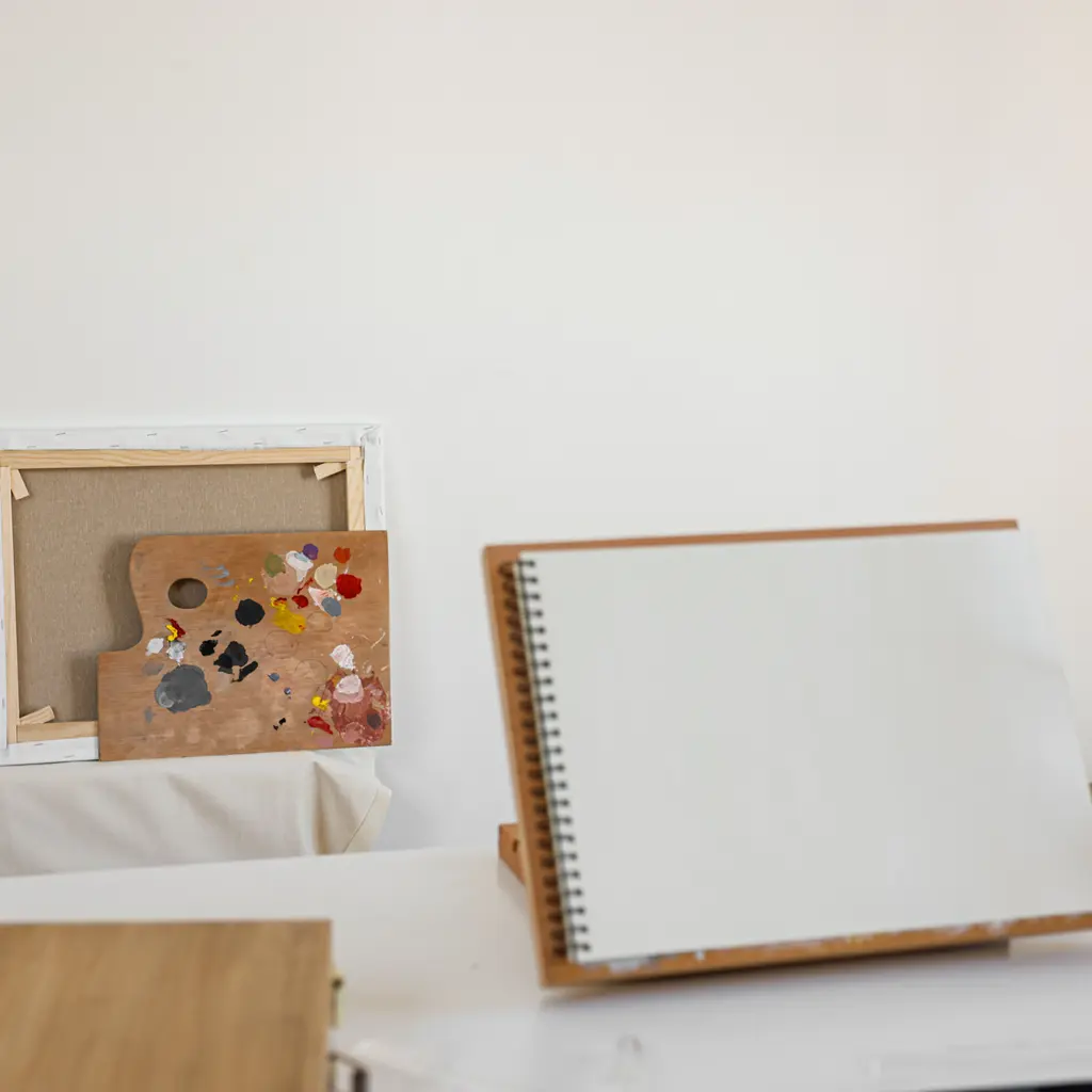 A blank spiral-bound art-paper pad beside a paint palette and an unused canvas.