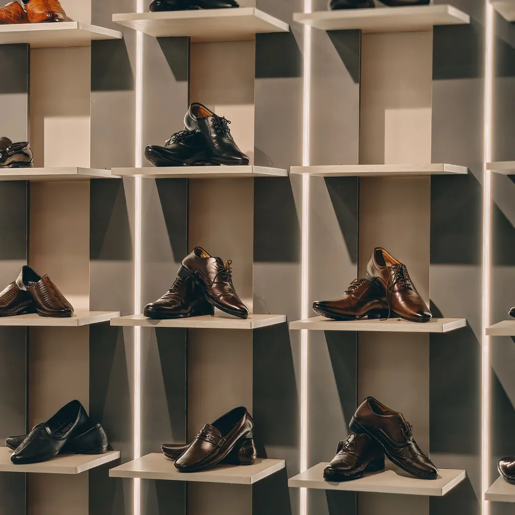 Rows of brown leather dress shoes displayed on individual shelves.