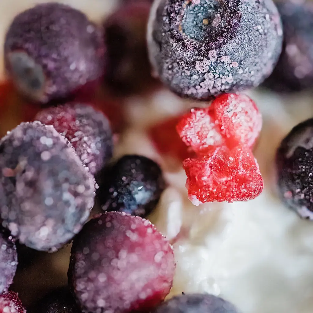 Close-up of frozen mixed berries with visible ice crystals.
