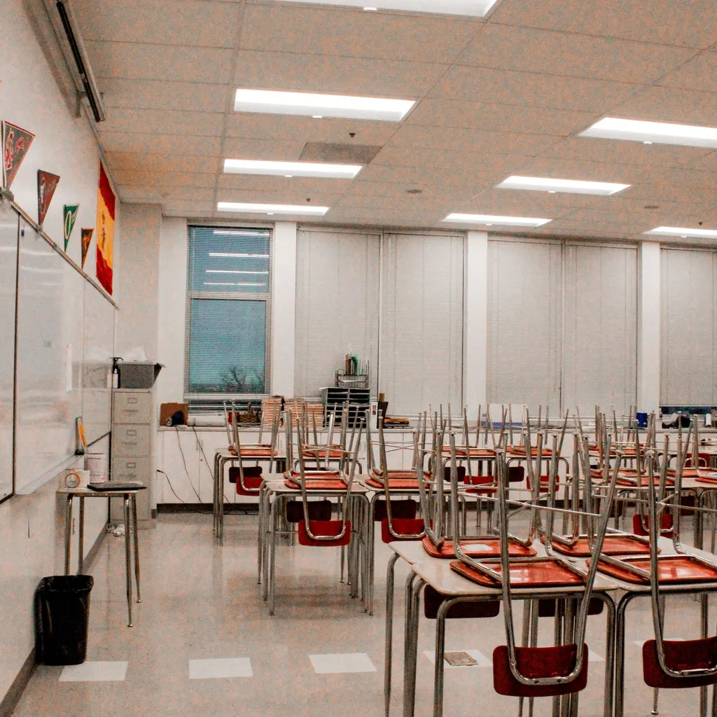 Classroom desks with chairs stacked on top in an empty schoolroom.