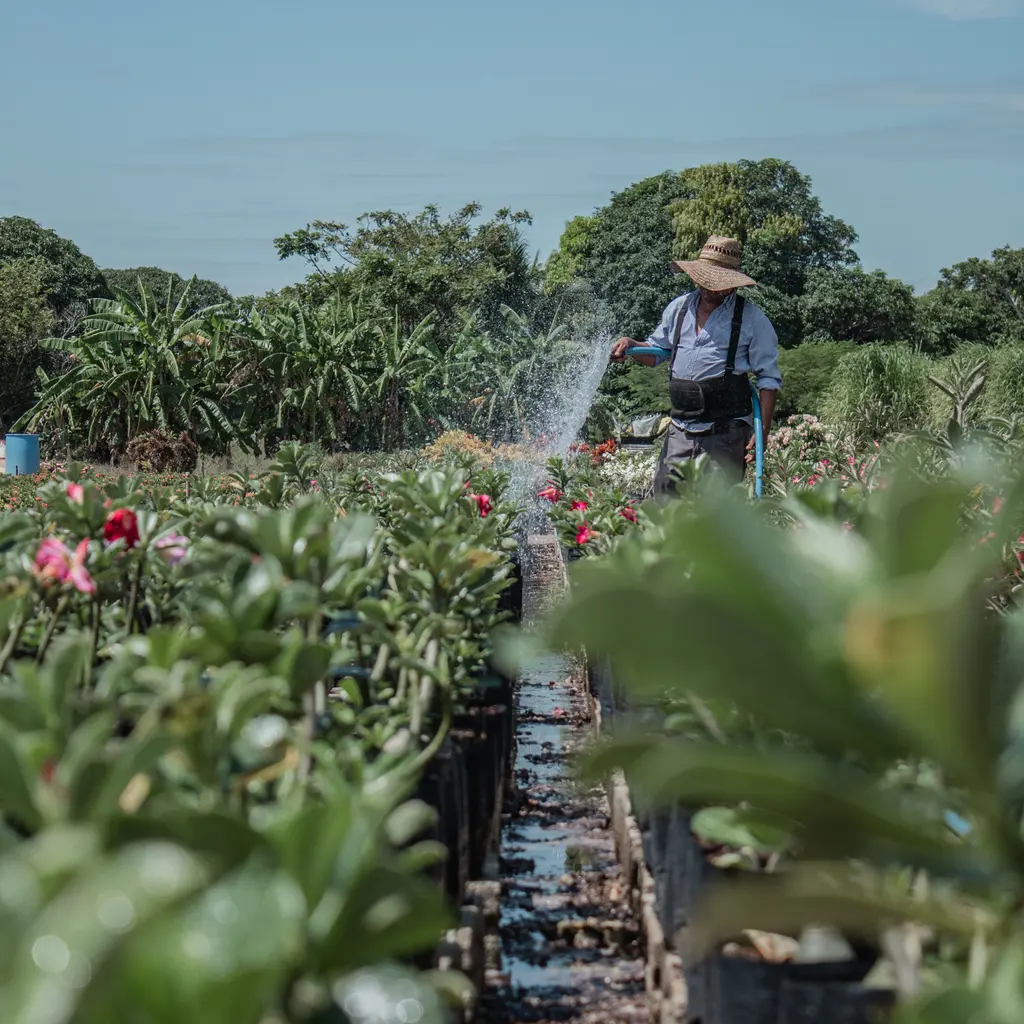 A worker watering rows of flowering potted plants at an outdoor nursery.