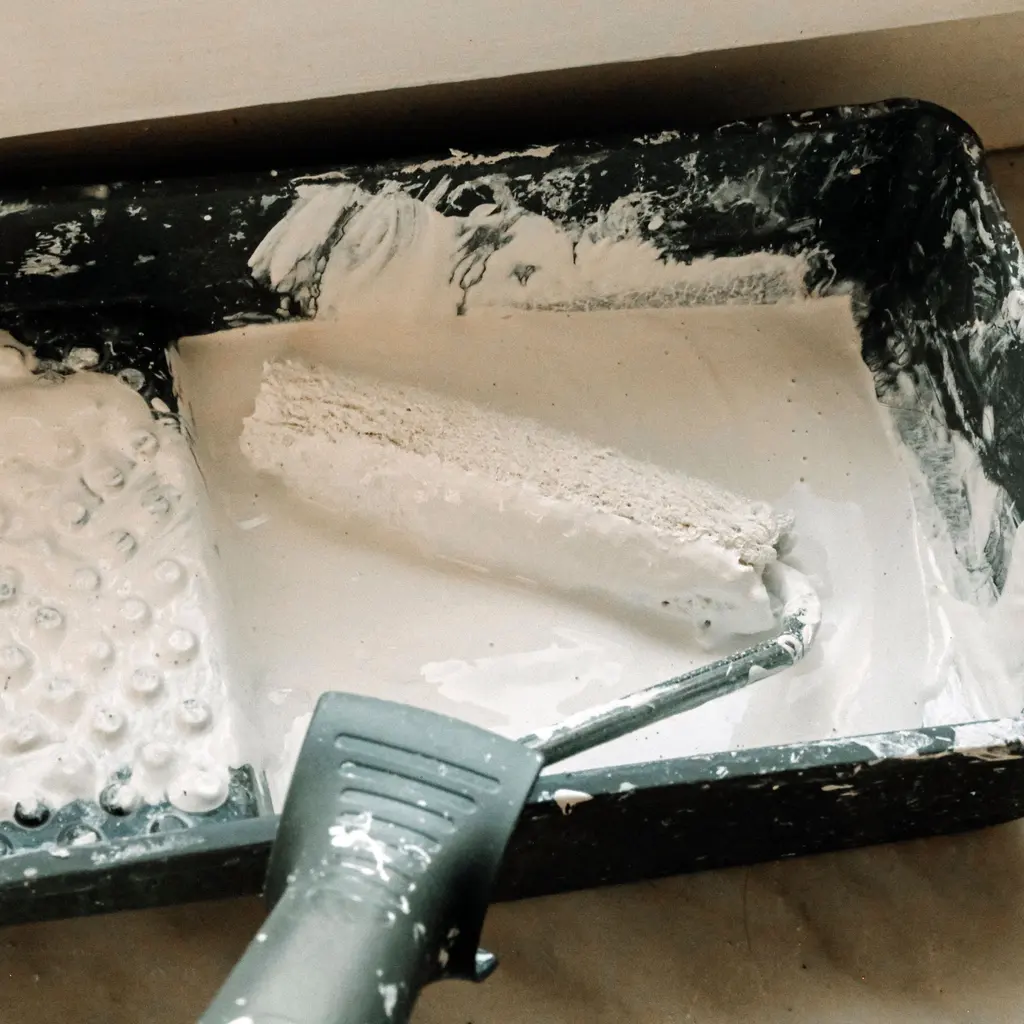 A roller resting in a tray filled with white wall paint.
