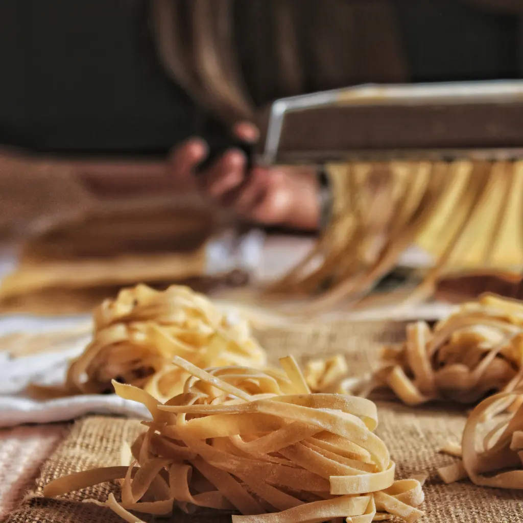 Fresh ribbons of pasta emerging from a metal pasta cutter above nests of noodles.