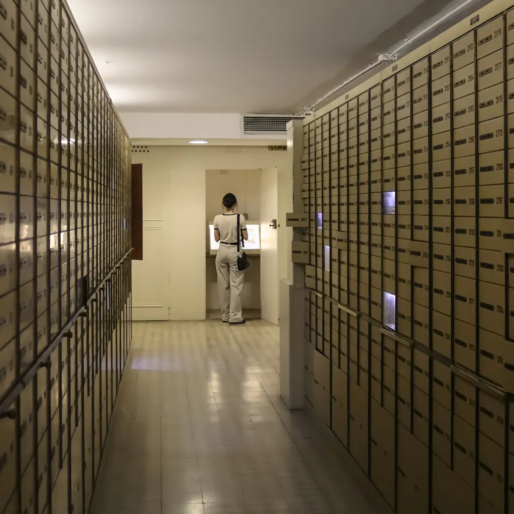 Rows of metal safe-deposit boxes lining a secure vault corridor with an attendant at the far end.