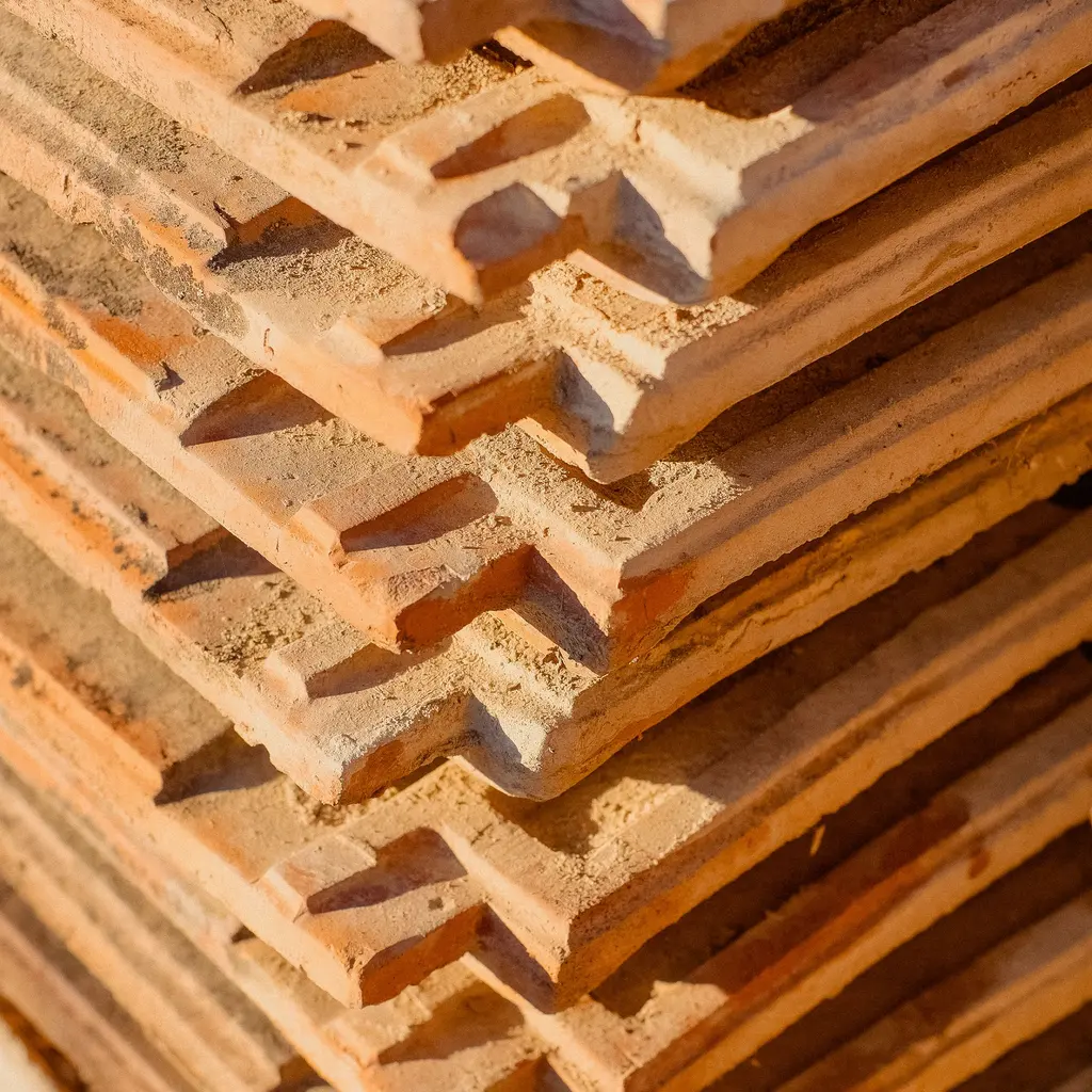 Terracotta roof tiles stacked with their molded underside ridges and clay edges visible.