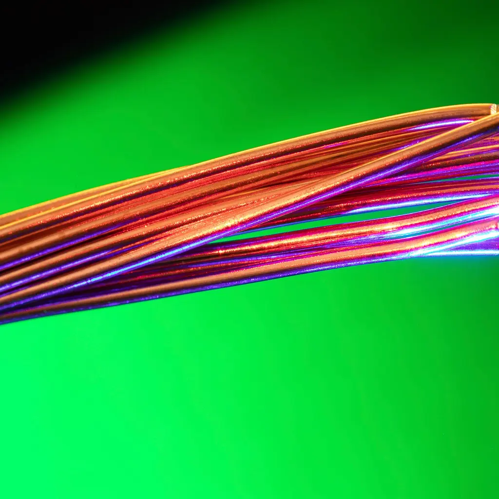 A close-up of fine bare copper wire strands against a green background.