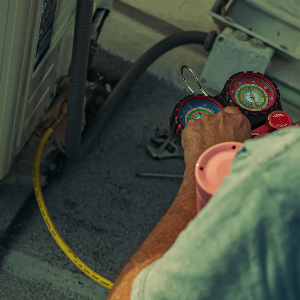 Technician's hands adjusting refrigerant gauges beside an outdoor air-conditioning unit.