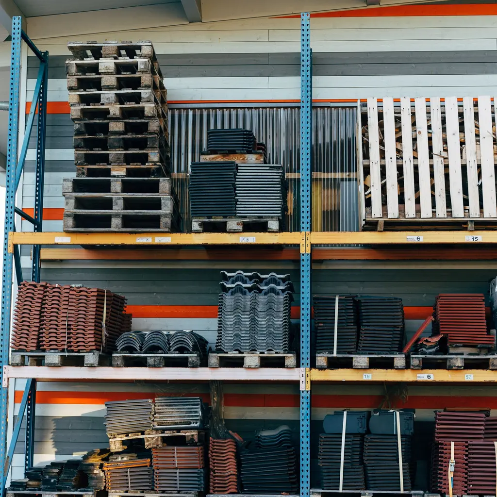 Profiled roof tiles and ridge pieces stacked on warehouse storage racks.