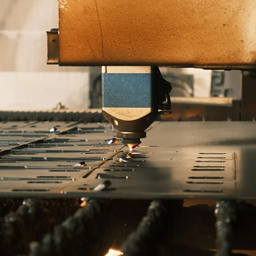 Laser cutting head shaping a flat metal sheet on a fabrication table.