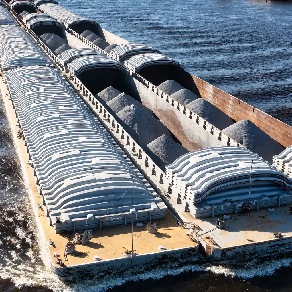 Open bulk cargo holds and stacked hatch covers on river barges.