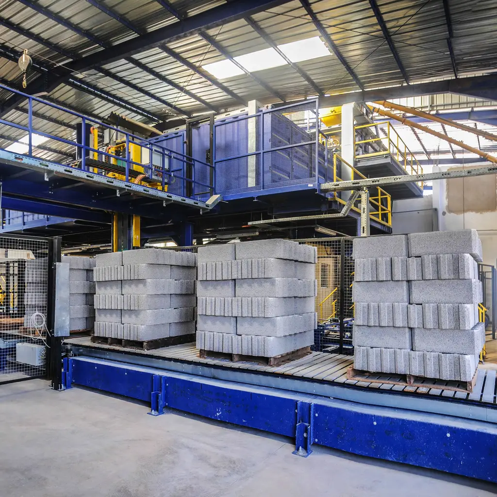 Stacks of concrete blocks rest on pallets along an industrial conveyor.