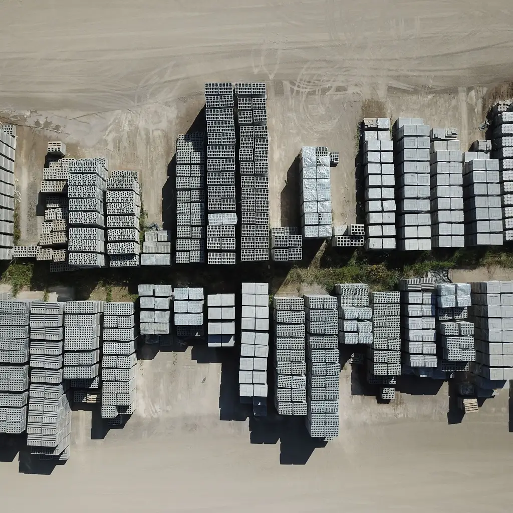 Concrete blocks are stacked in rows in an outdoor yard.