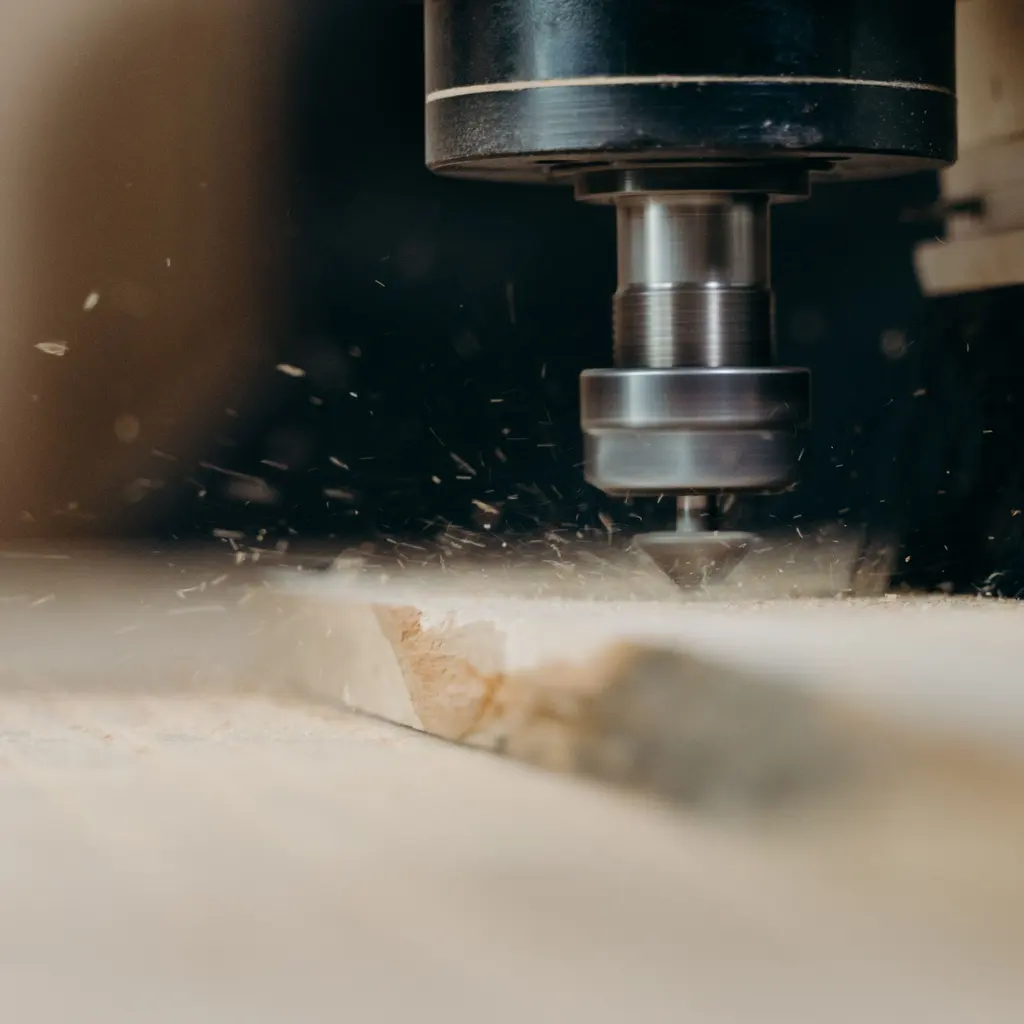 A CNC router cuts a wood panel.