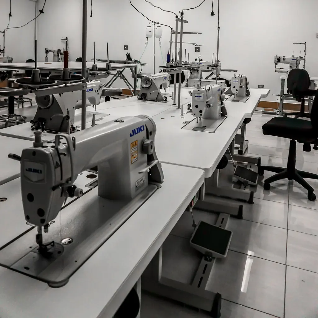 Industrial sewing machines stand in rows in a textile-production room.
