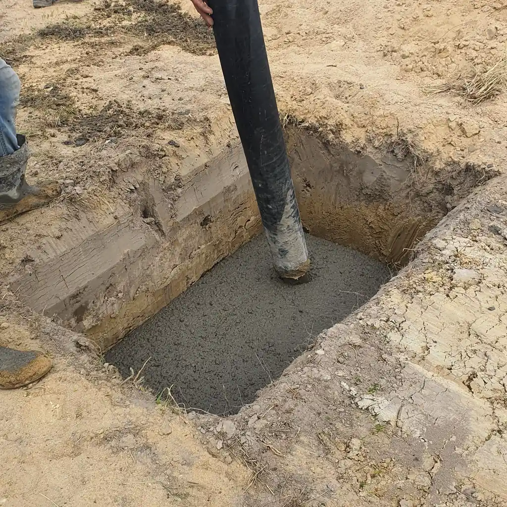 A concrete-pump delivery hose places fresh concrete into an excavated foundation footing.