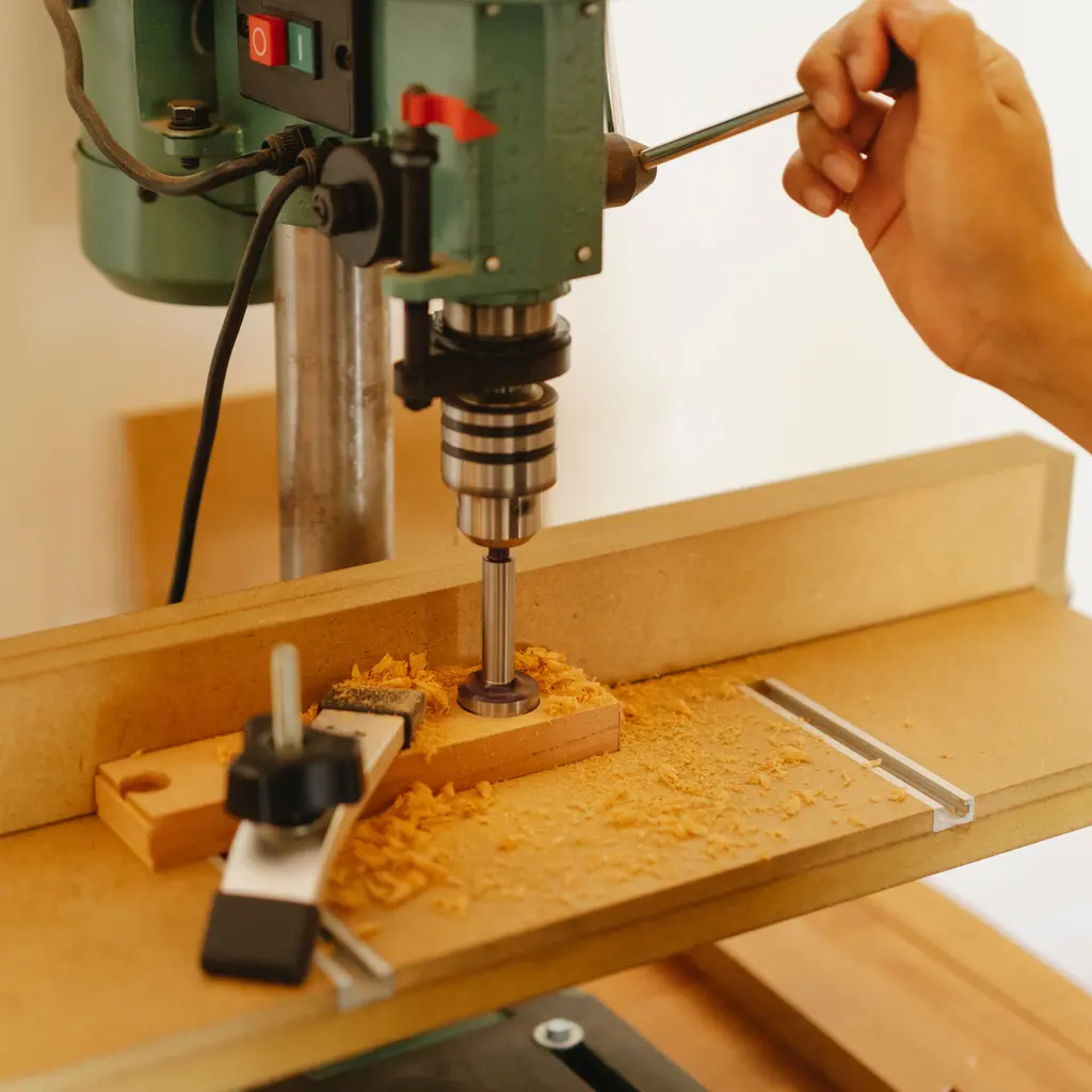 A drill press is positioned over clamped wood on a workshop bench.