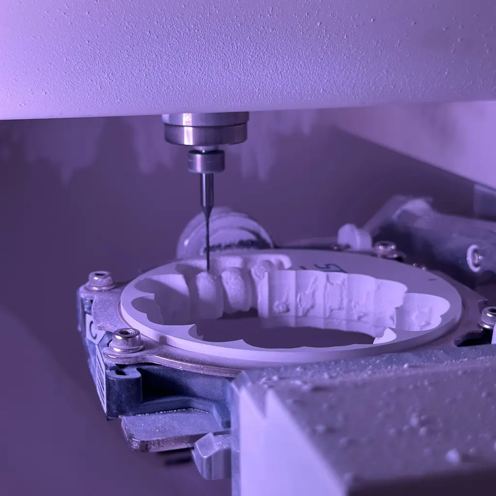 A milling tool shapes a dental restoration inside a clamped circular blank.