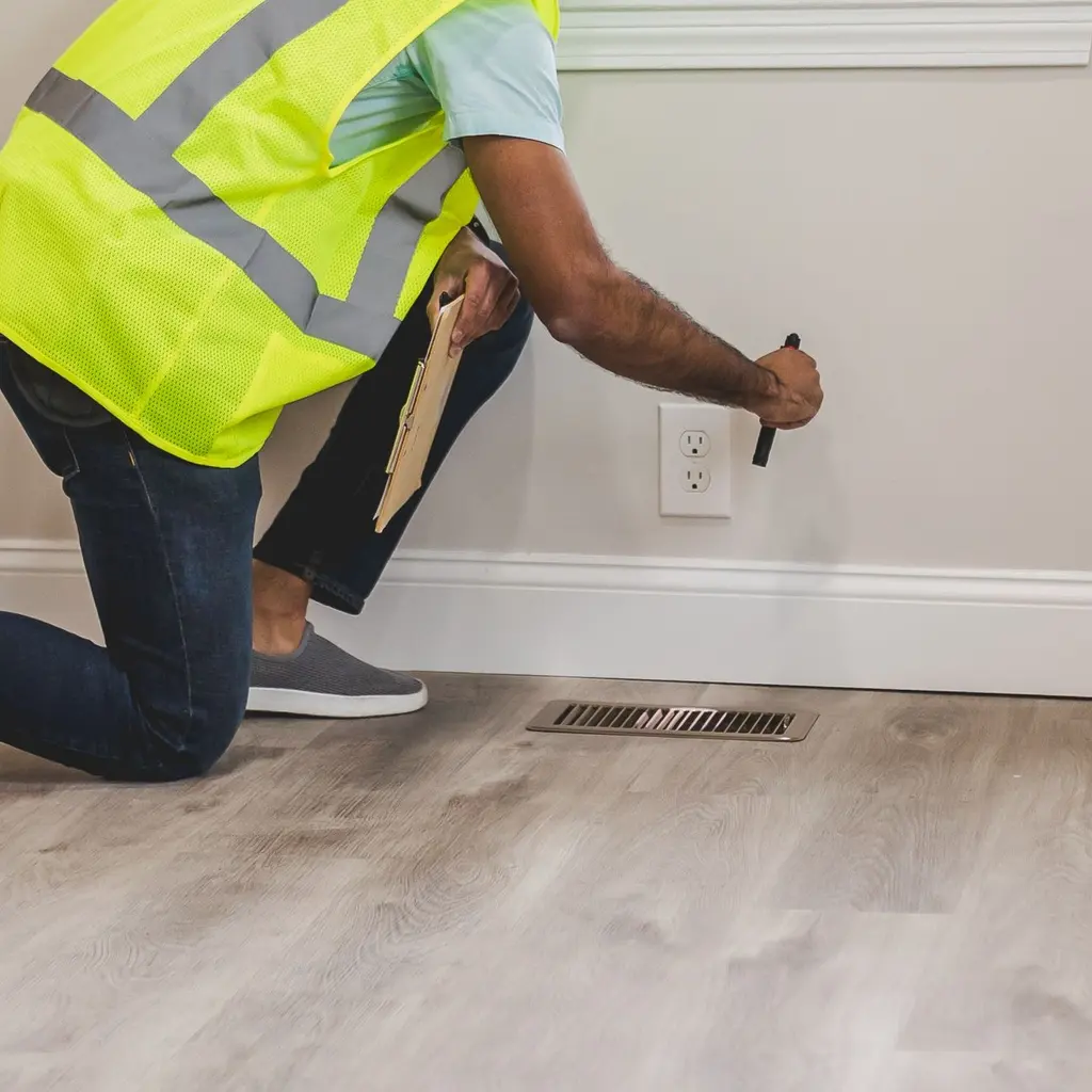 A kneeling person holds a tool beside a wall outlet.
