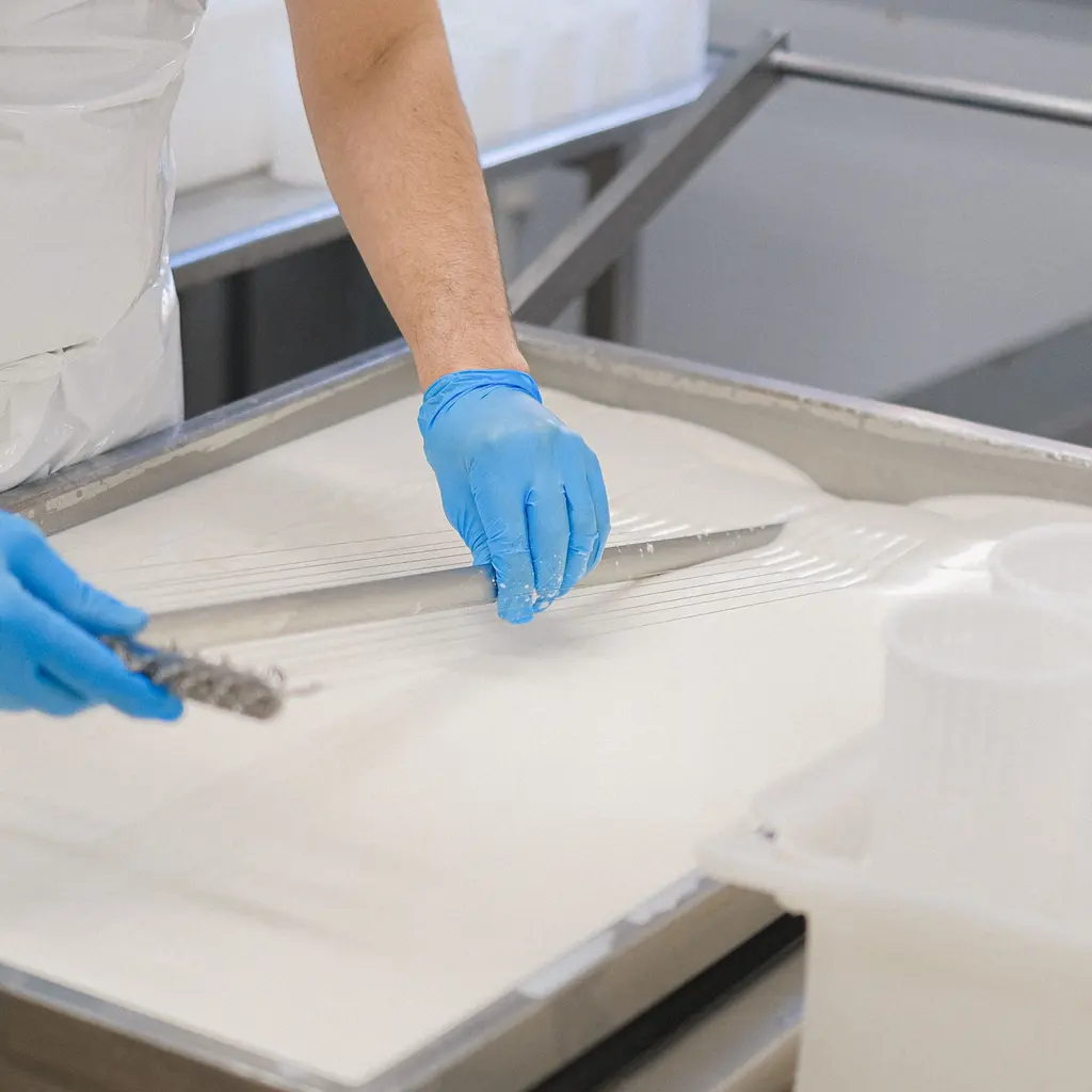 Gloved hands use long cutting tools across curd in a stainless-steel cheesemaking vat.