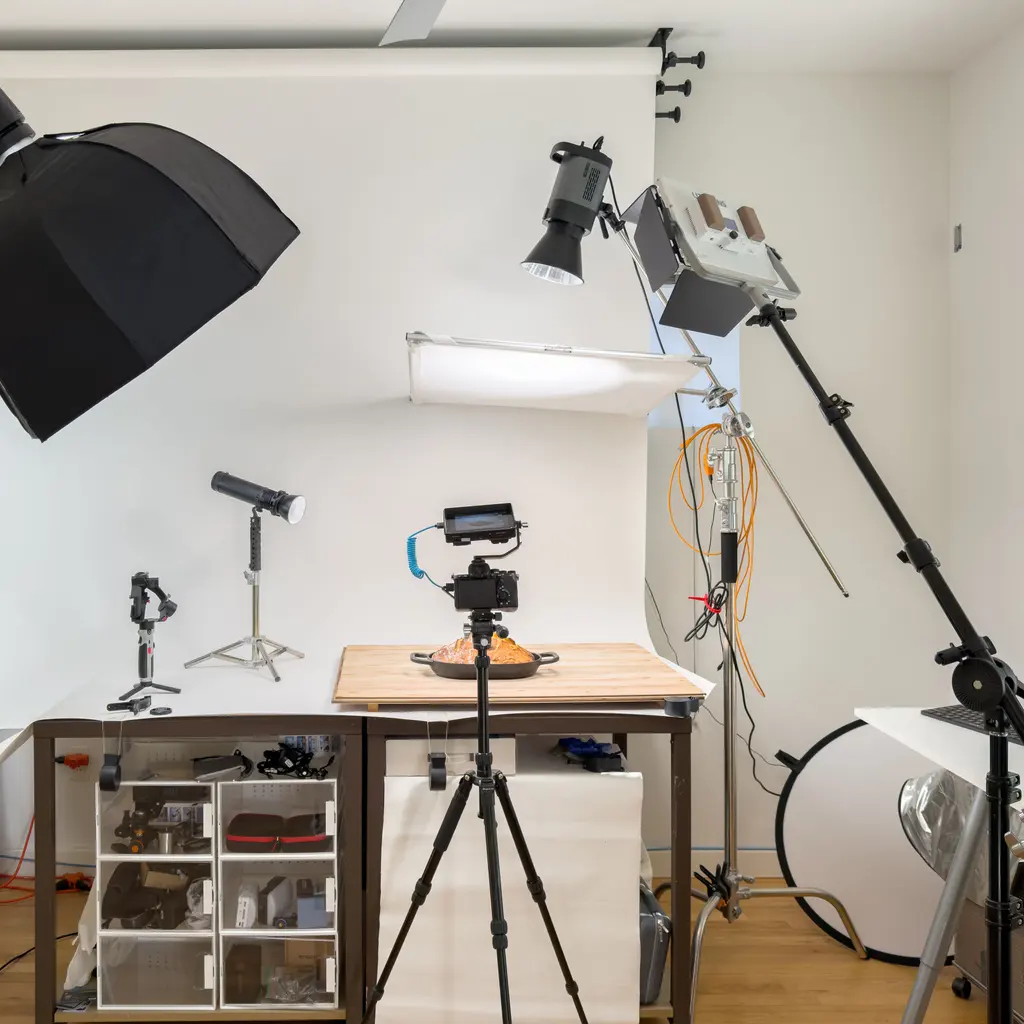 A tripod-mounted camera faces a plated food subject surrounded by studio lights and reflectors.