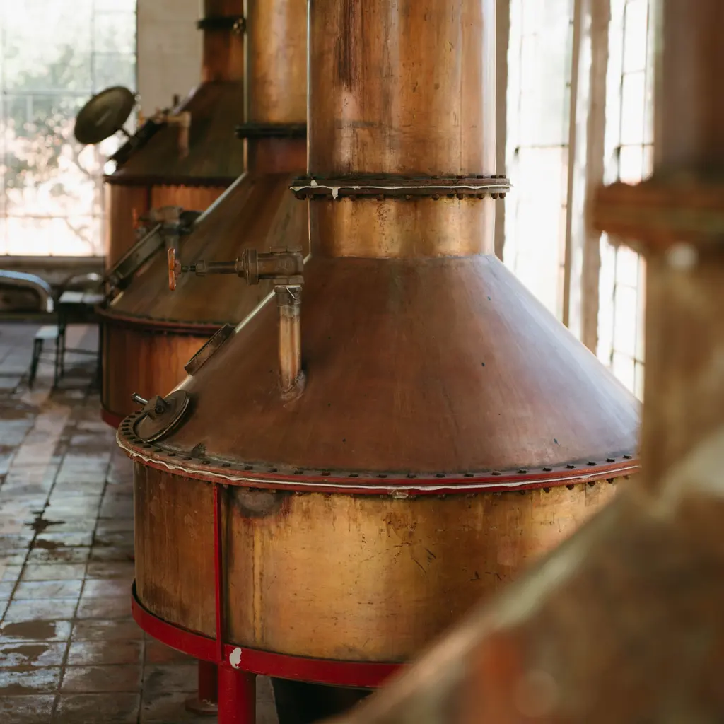 Copper pot stills inside a distillery.