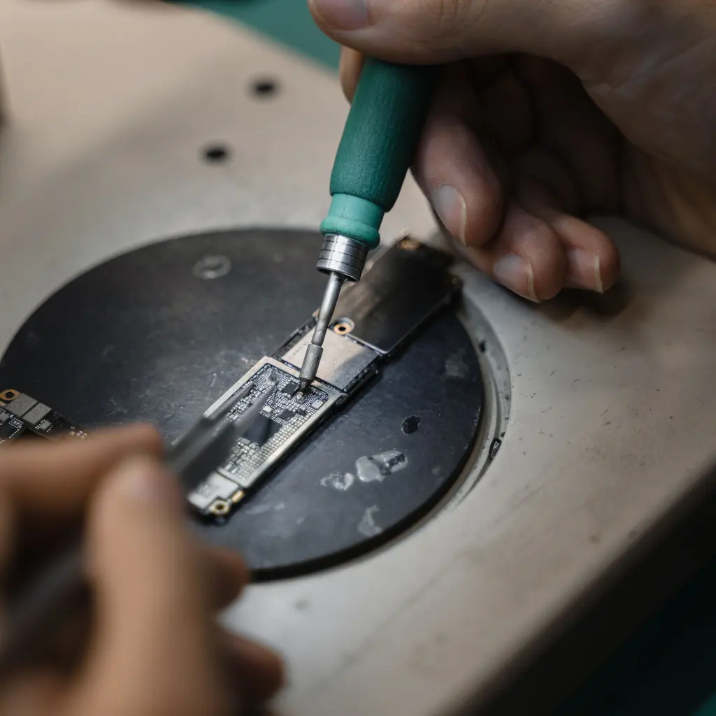 A soldering iron and tweezers working on an electronic circuit board.