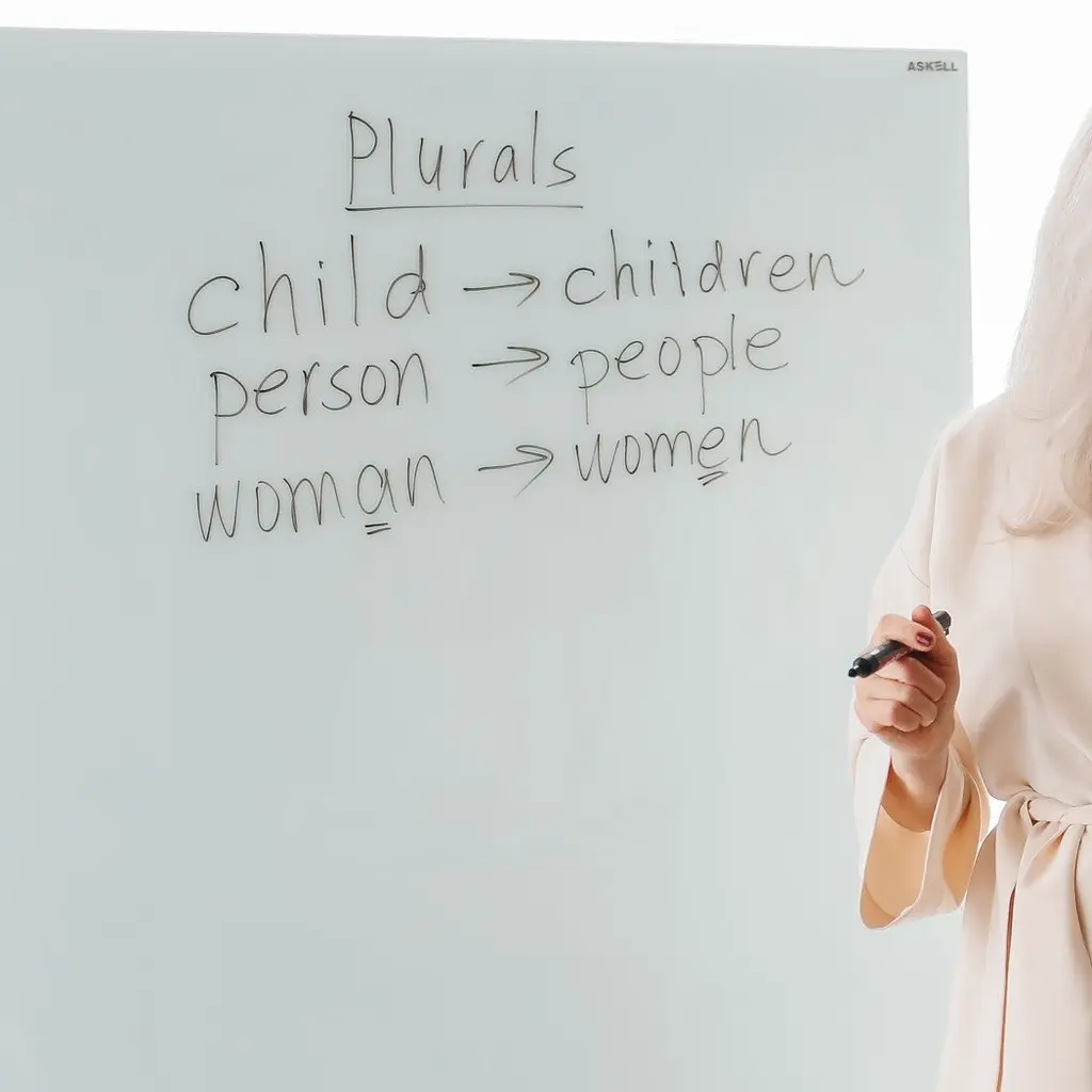 A teacher's marker hand appears beside a whiteboard lesson on English plurals.