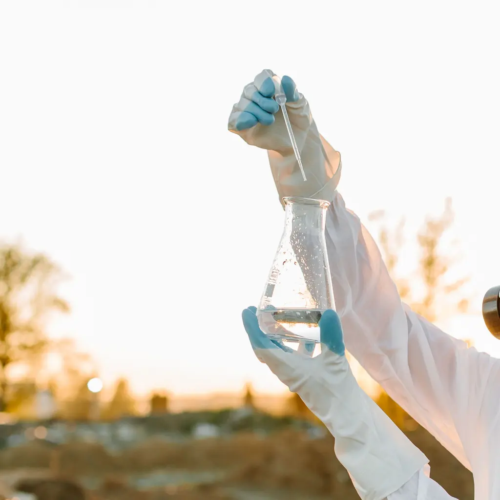 Gloved hands hold a pipette and a flask outdoors.