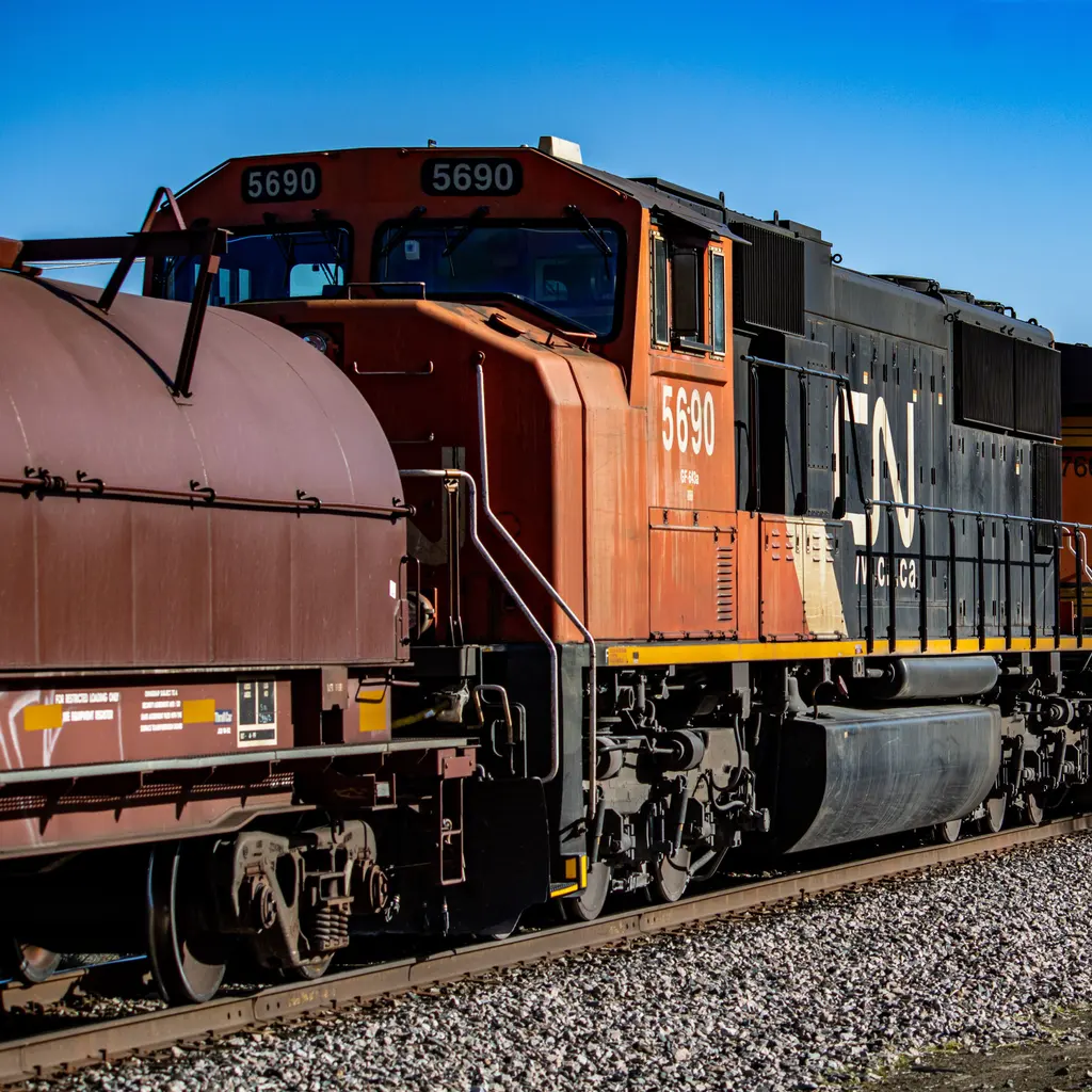 A tank car and an orange-and-black freight locomotive on railway tracks.