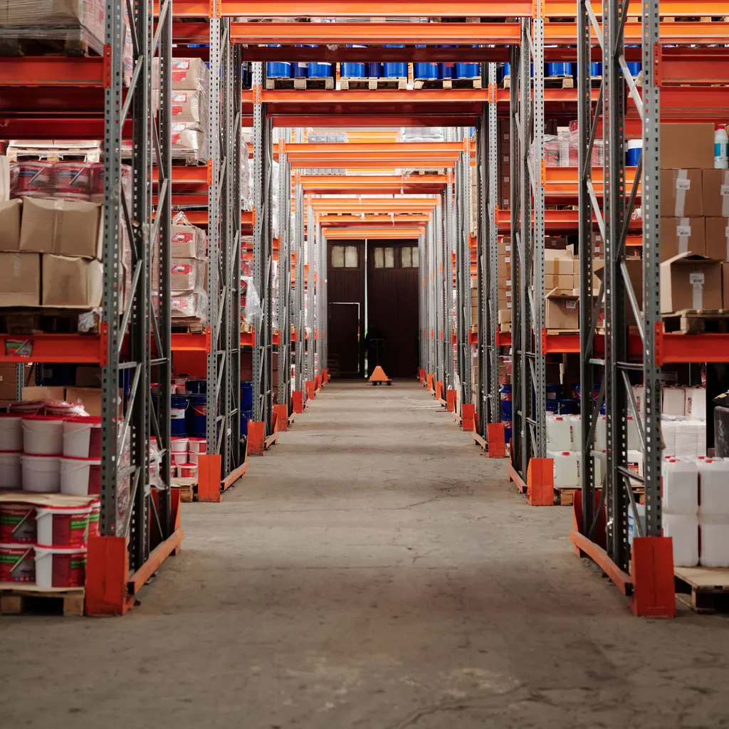 Boxed goods stored on tall pallet racks beside a warehouse aisle.
