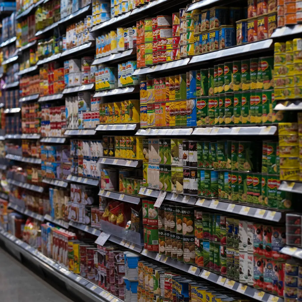 Canned food and packaged pantry goods arranged along a grocery aisle.