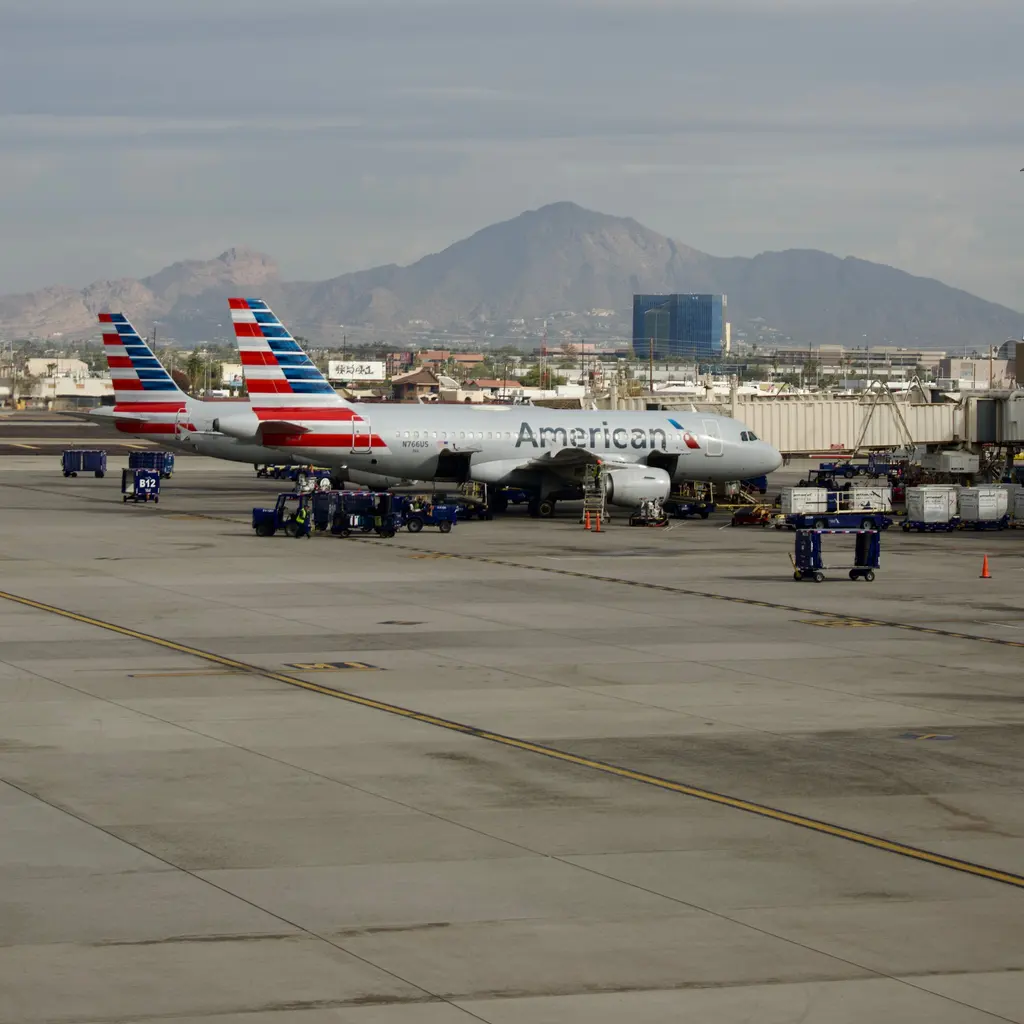 Passenger jets at adjoining airport gates, with baggage carts and ground equipment around them.