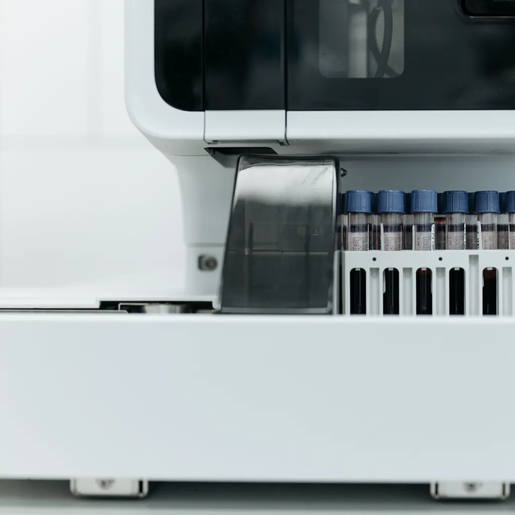 Capped specimen tubes sit in the loading rack of a medical laboratory analyzer.