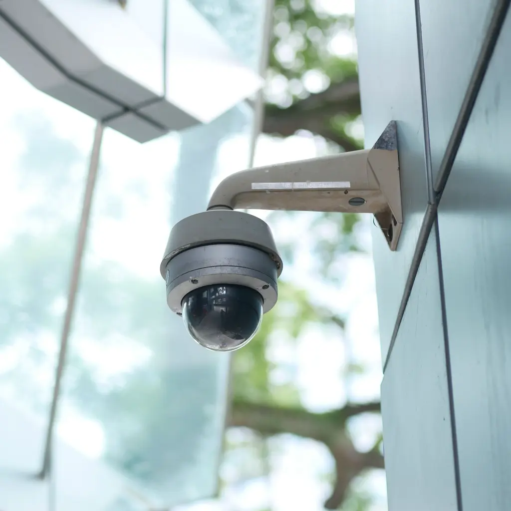 A dome surveillance camera mounted beside glass wall panels.