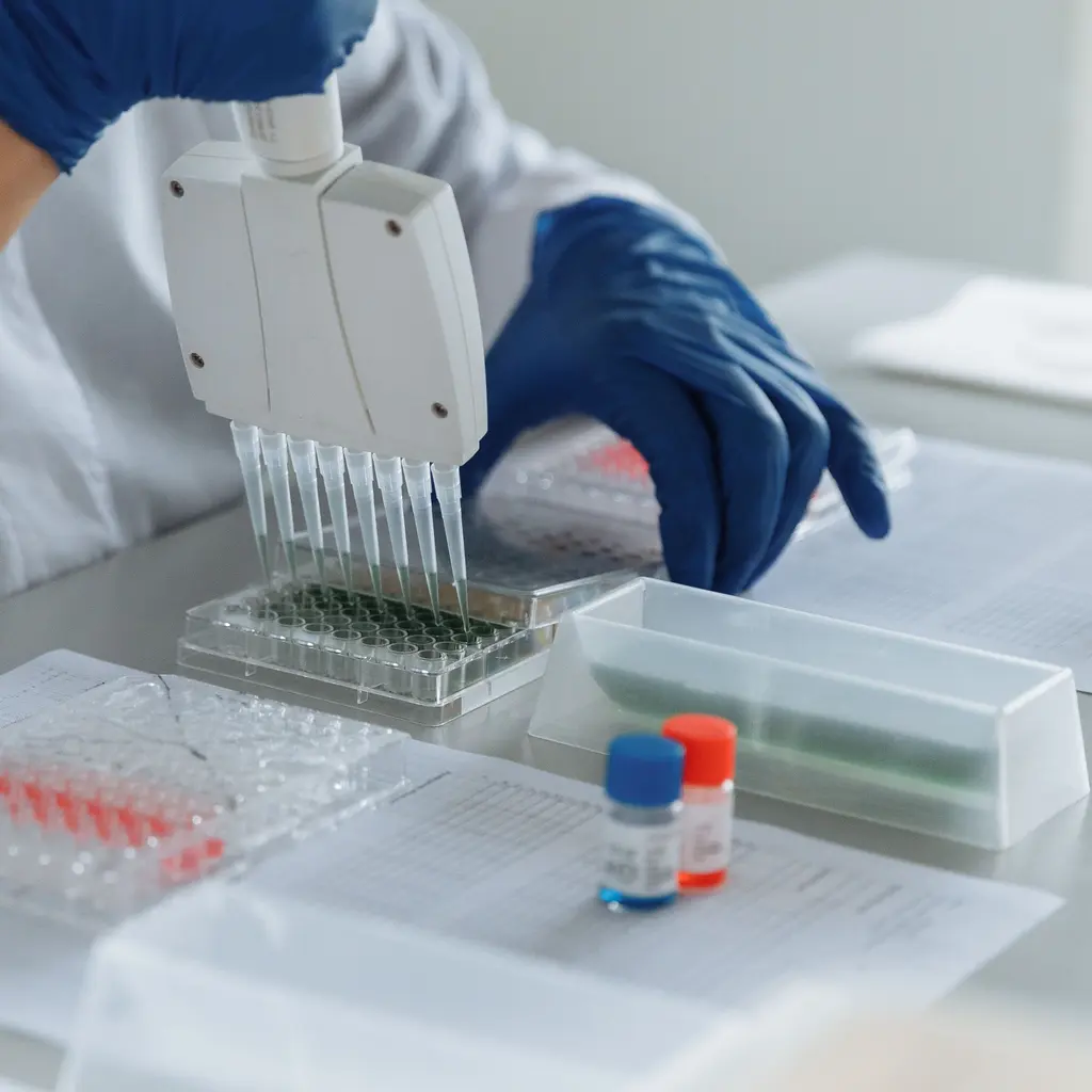 A multichannel pipette above a laboratory well plate.