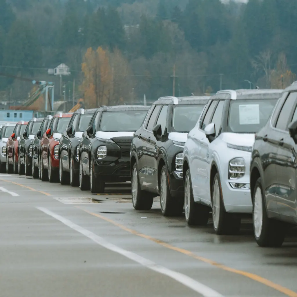 Rows of new SUVs with windshield labels parked closely together in an outdoor lot.