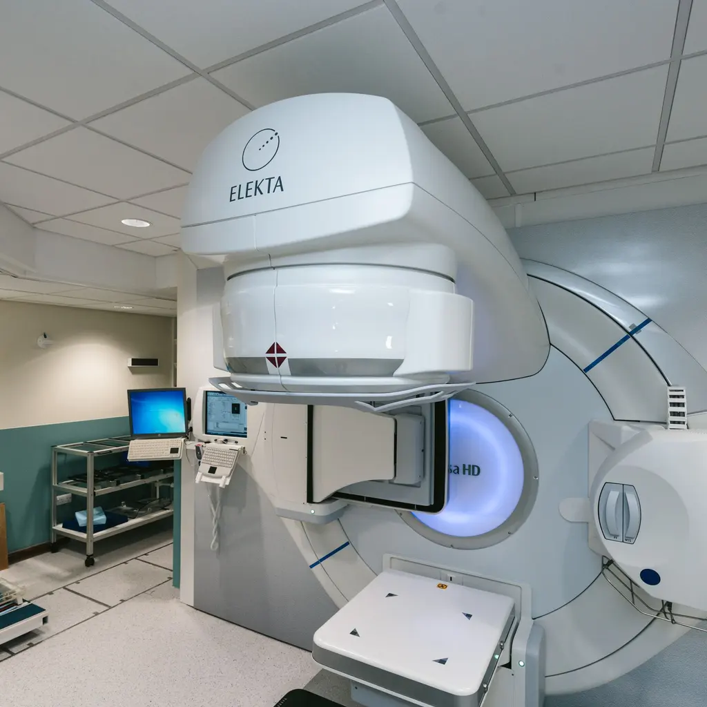 A radiotherapy unit with a large gantry stands in an empty treatment room.