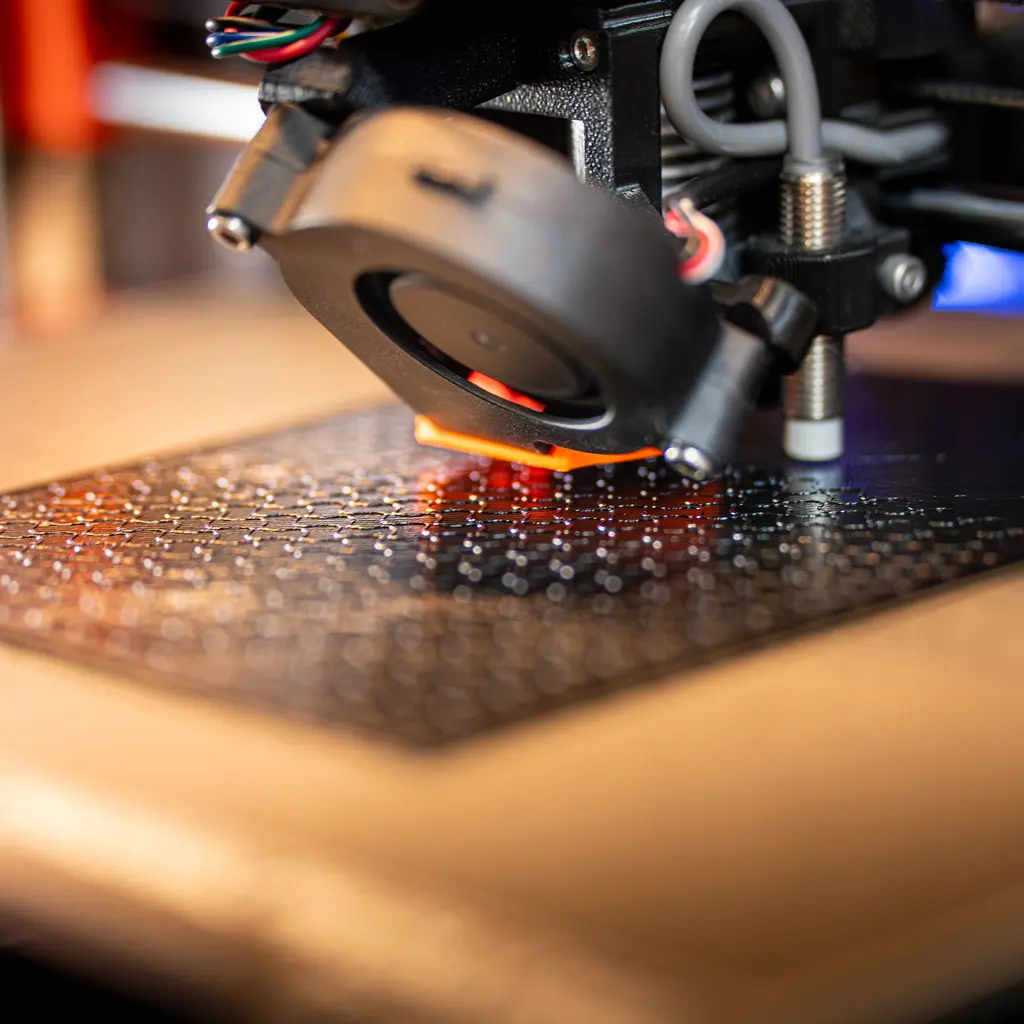 A 3D printer laying material onto a textured build plate beneath its printhead.