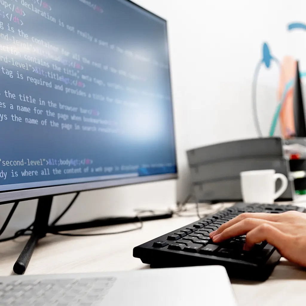 A hand uses a keyboard beneath a monitor displaying HTML markup.