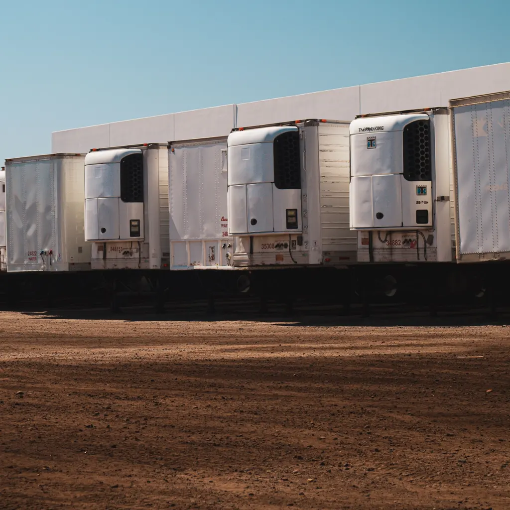 Refrigeration units mounted on the fronts of white freight trailers parked in a yard.