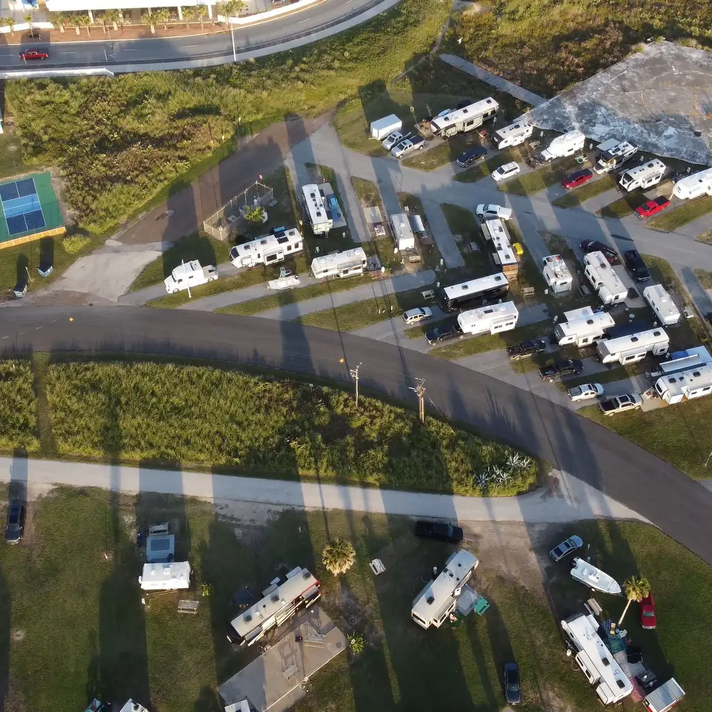An aerial view of RV sites and access roads.