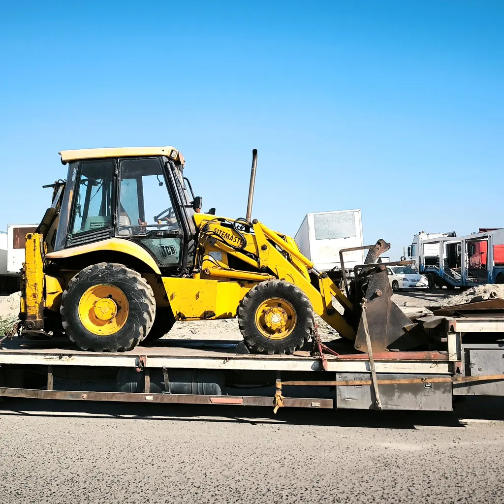 A backhoe loader secured on a low flatbed trailer.